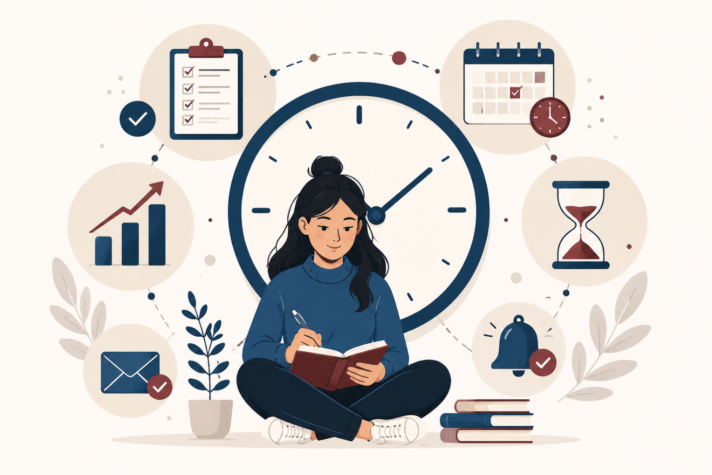 Illustration representing time management, productivity, and balanced study habits.